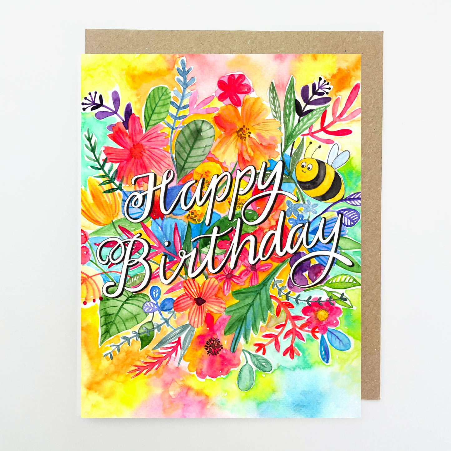 D207. Bright Floral, Bee, Happy Birthday Dinky Greetings Card
