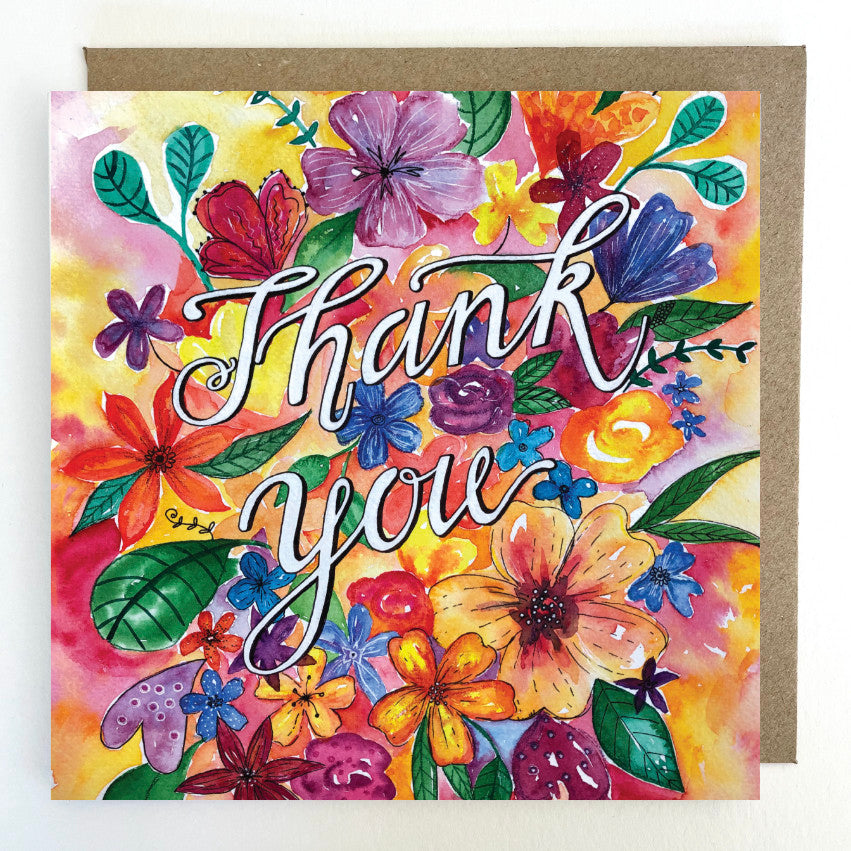 K08 Bright rainbow Florals Thank you Greetings Card
