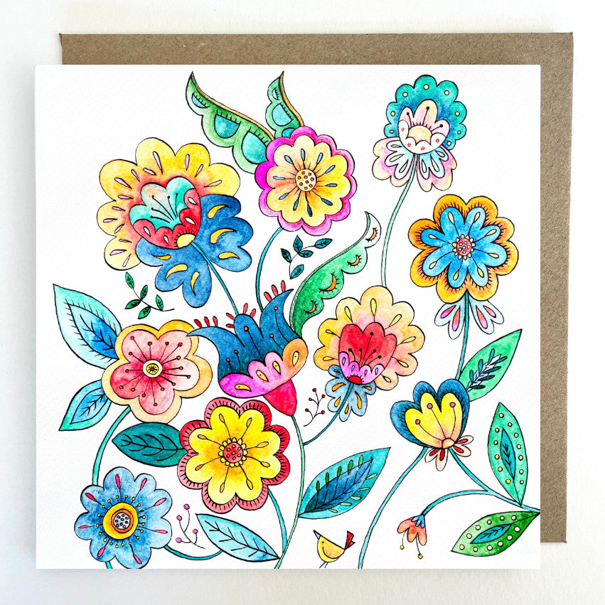 K107 Folky Florals Greetings Card