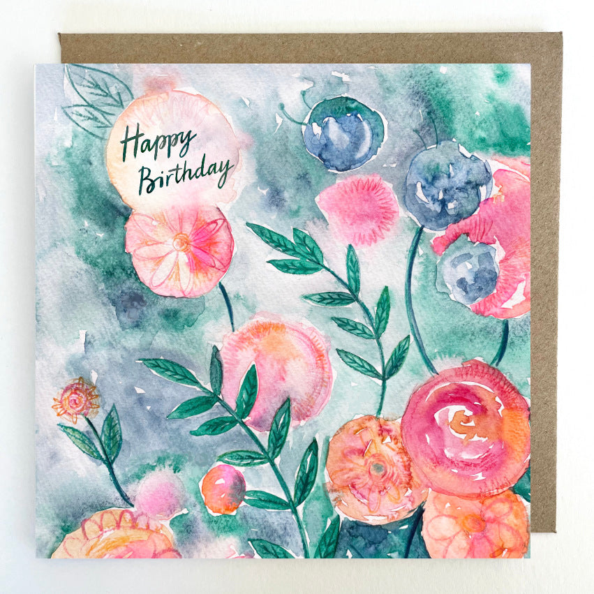 K108 Coral Blooms Happy Birthday Greetings Card