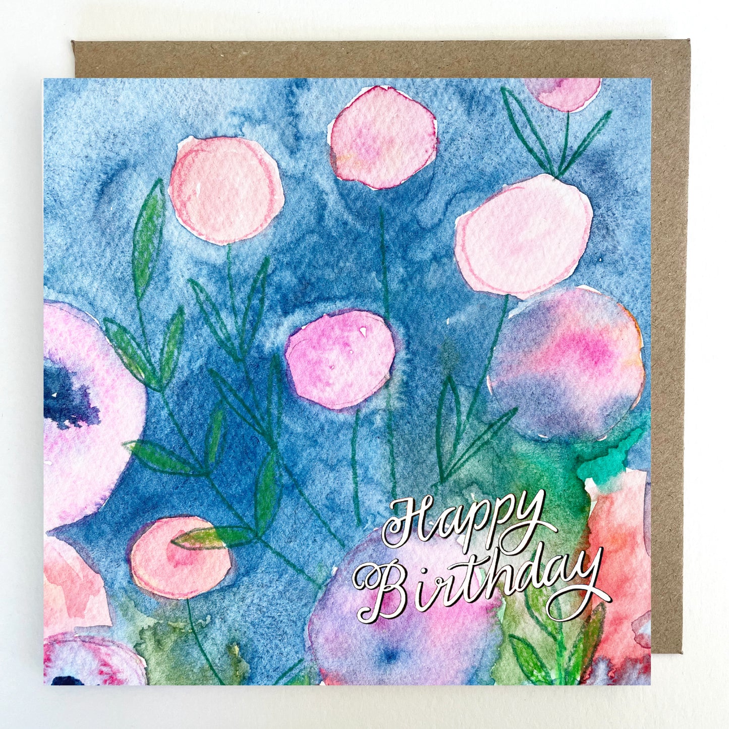 K111 Pink & Blue Blooms Happy Birthday Greetings Card