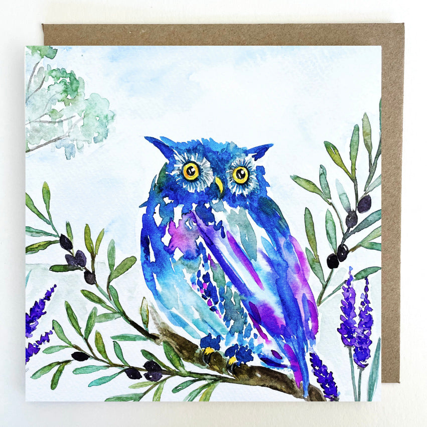 K112 Blue Owl Greetings Card