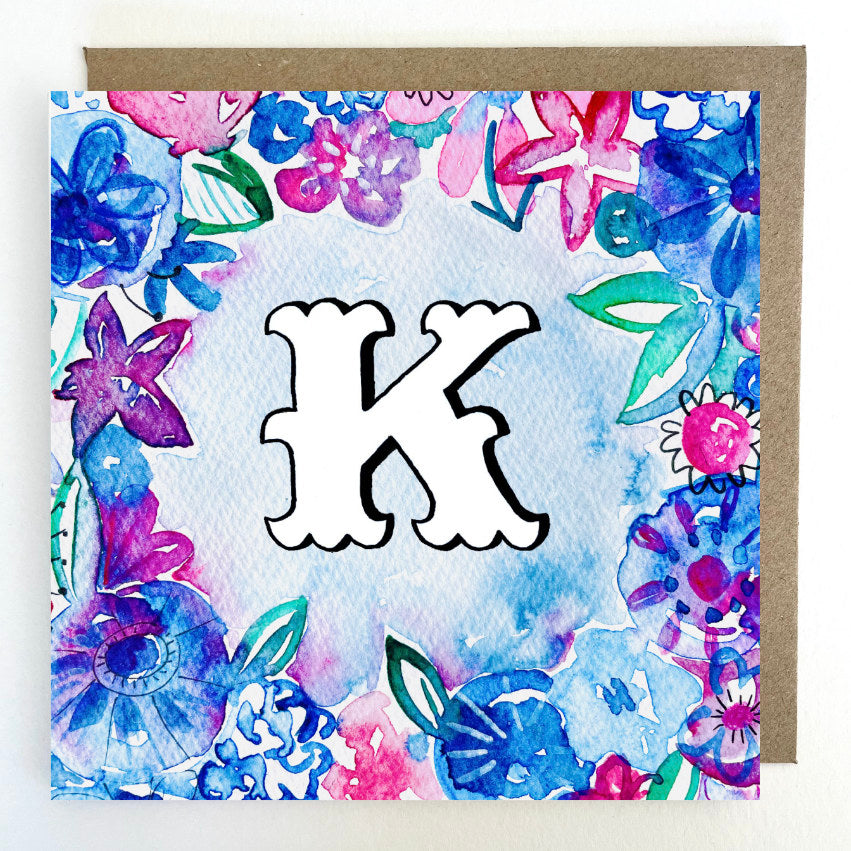 K127 Blue Blooms 'K' Greetings Card