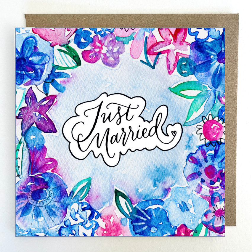 K128 Blue Blooms Just Married Greetings Card