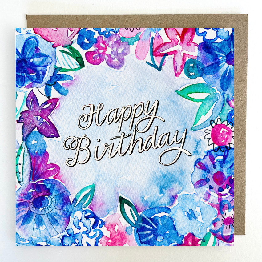 K129 Blue Blooms Happy Birthday Greetings Card