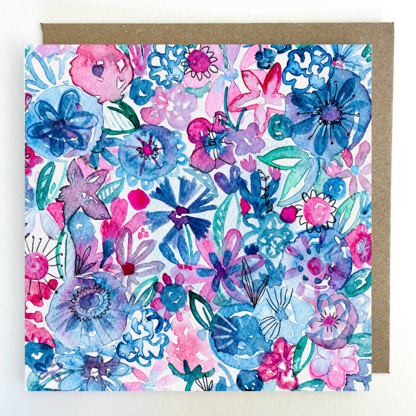 K133 Pink & Blue Blooms Greetings Card
