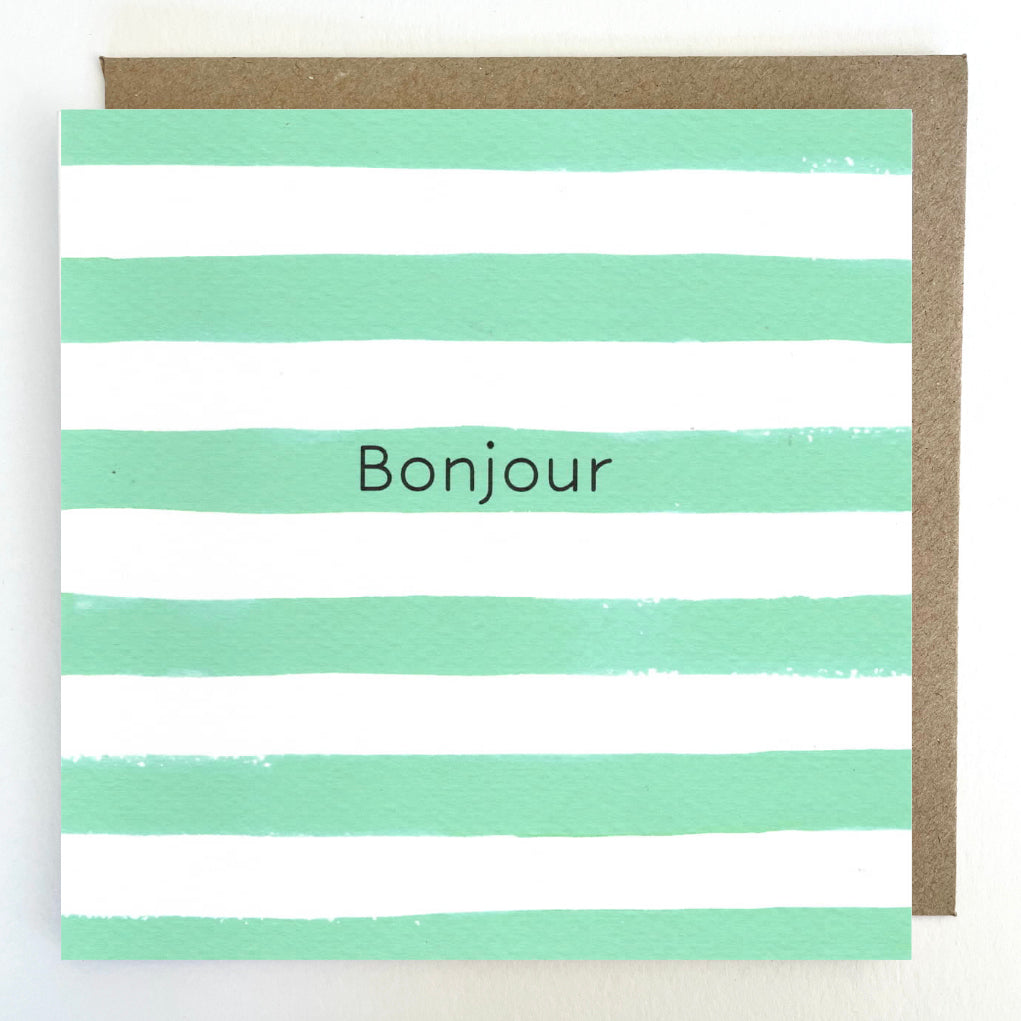K137 'Bonjour' Green Stripes Greetings Card