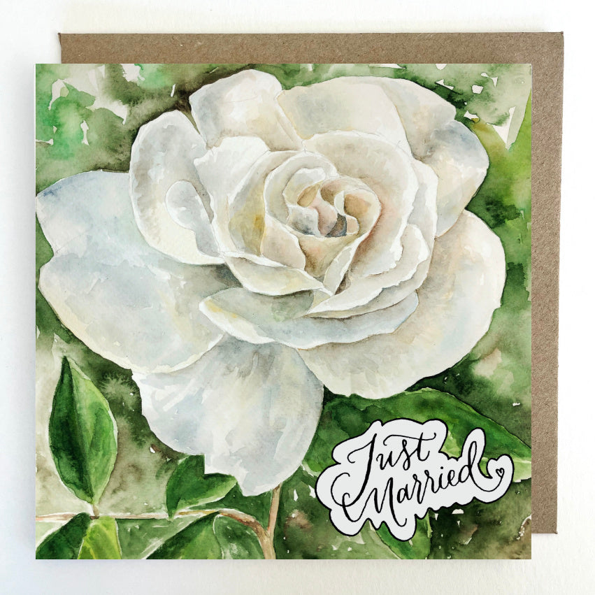 K187, White Rose, Just Married Greetings Card