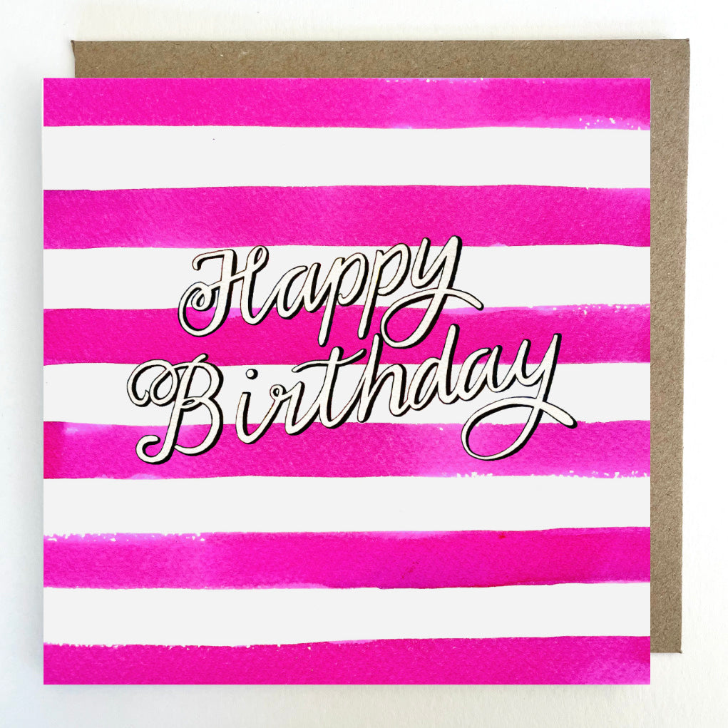 K24 Happy Birthday Pink Stripes Greetings Card