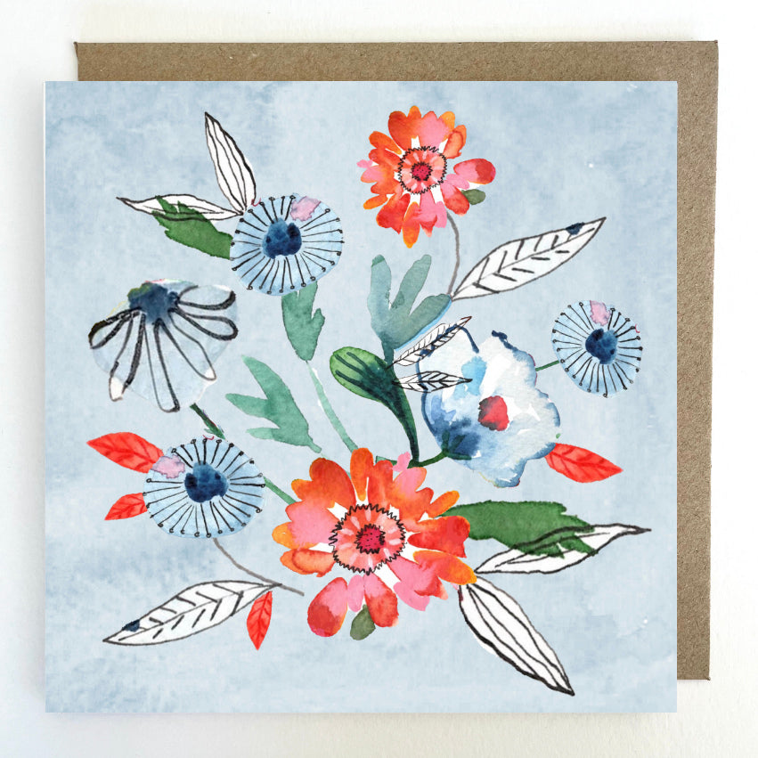 K252 Blue & Orange Blooms Greetings Card