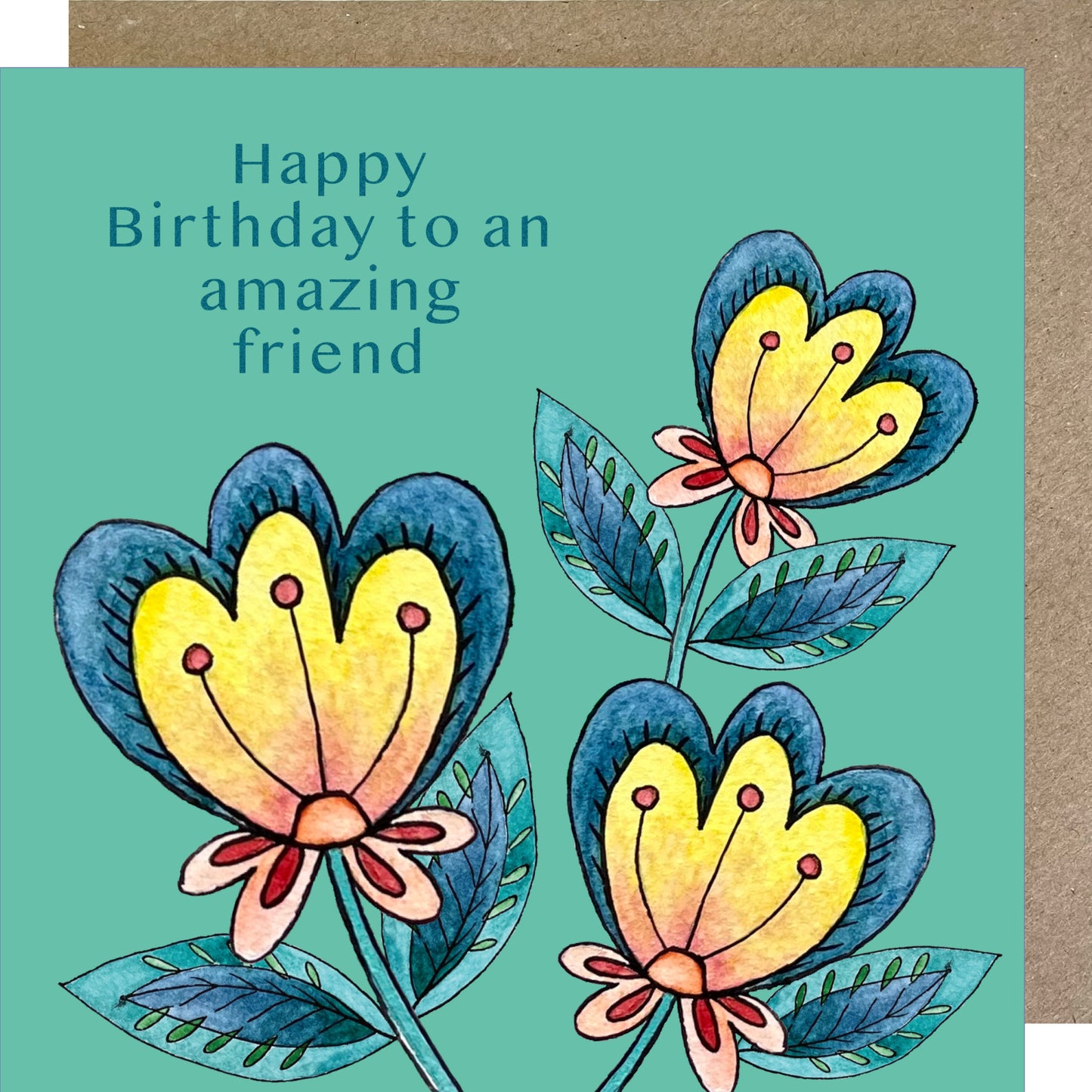K261 'Happy Birthday to an amazing friend' Folky Florals Greetings Card