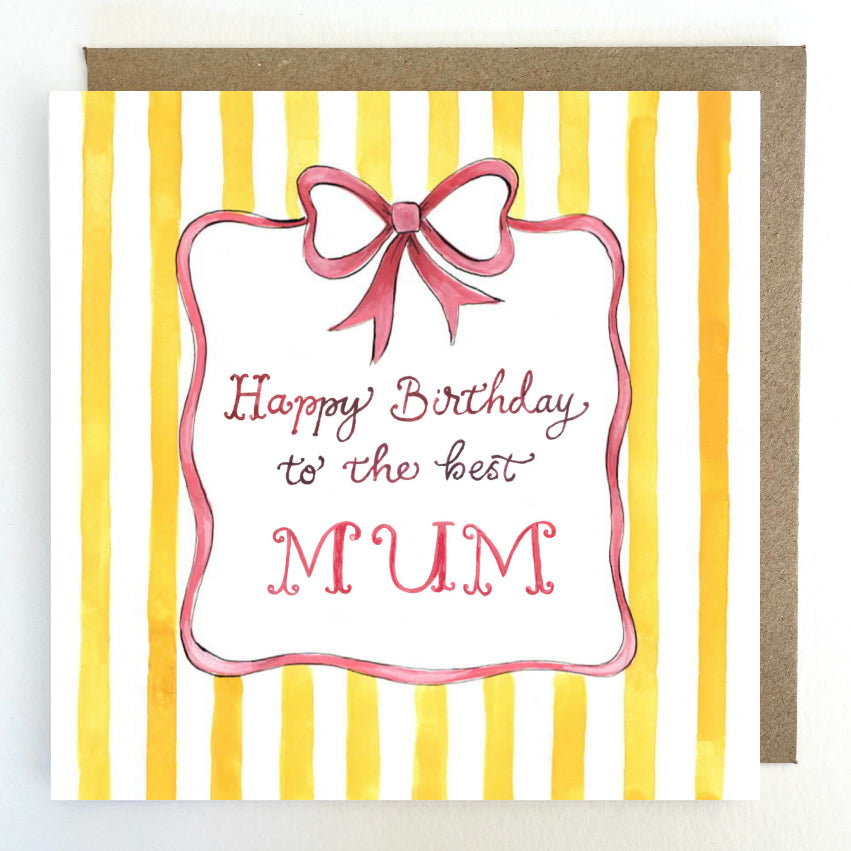 K290. Stripes & Bow Happy Birthday Mum Greetings Card