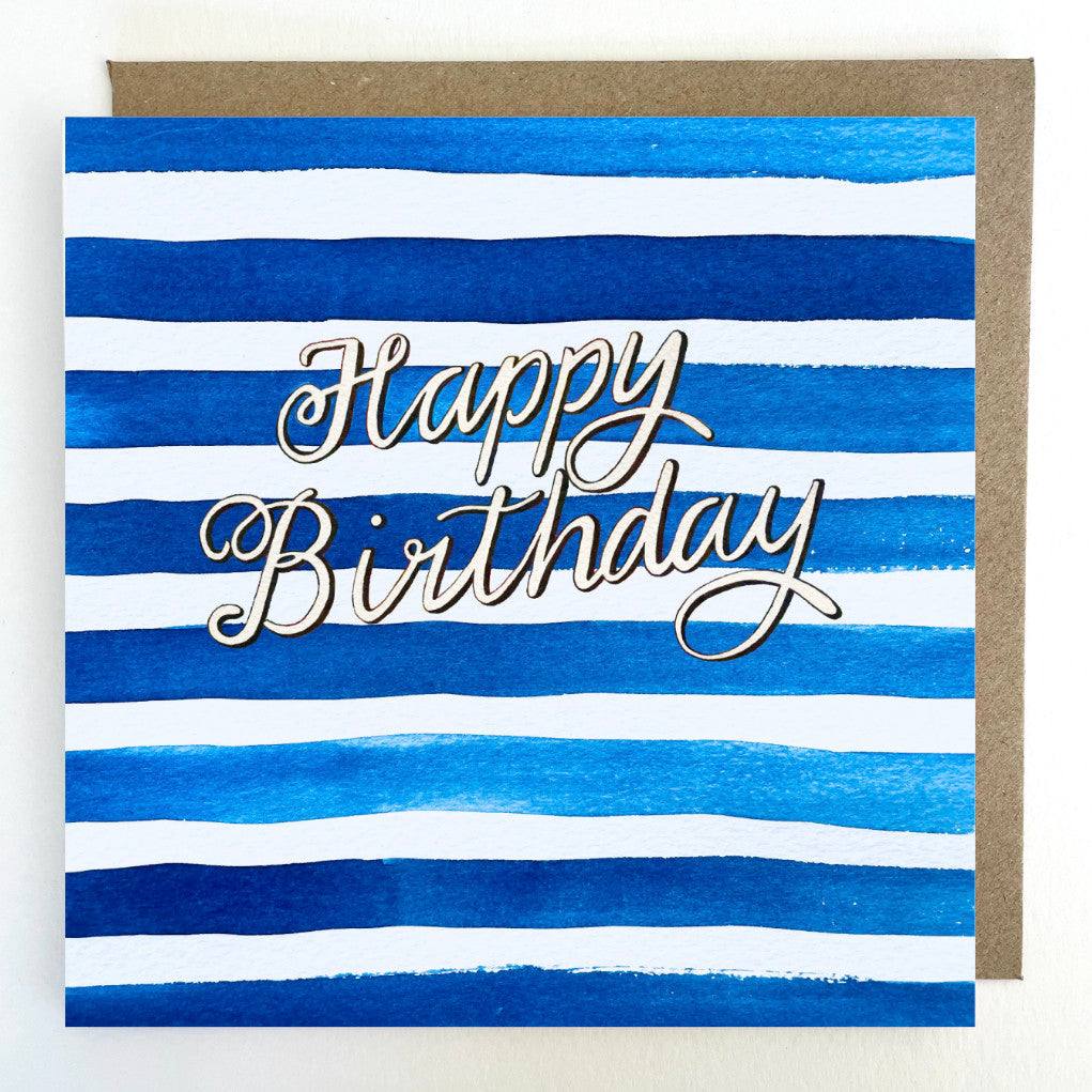 K71 Happy Birthday Blue Stripes Greetings Card