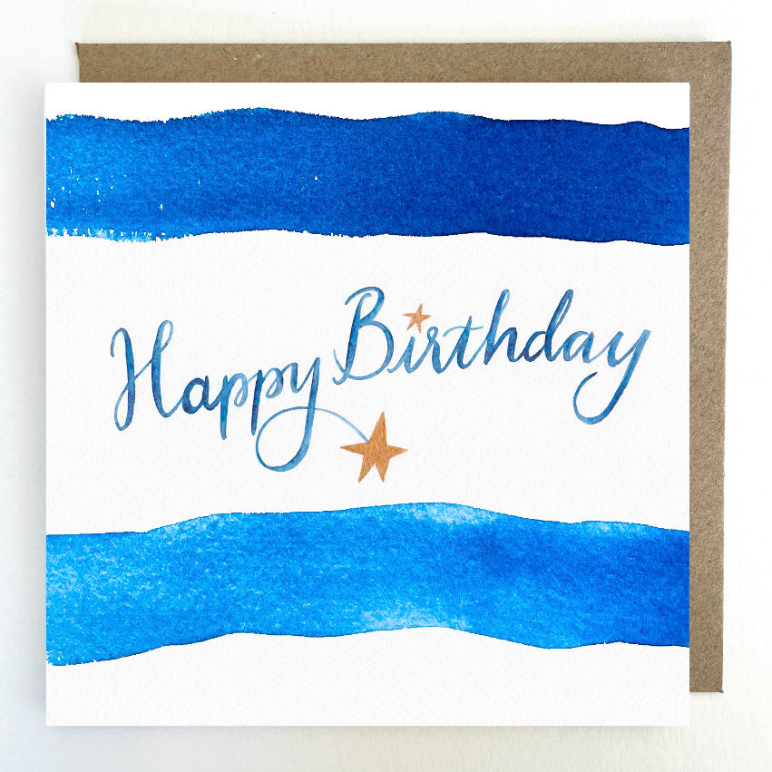 K72 Happy Birthday blue stripes Greetings Card