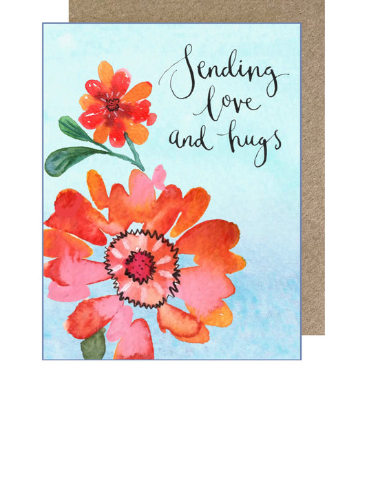 D206. Orange Blooms, Sending Love & Hugs Dinky Greetings Card