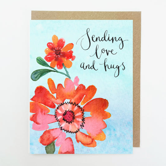 D206. Orange Blooms, Sending Love & Hugs Dinky Greetings Card