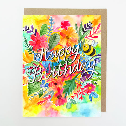 D207. Bright Floral, Bee, Happy Birthday Dinky Greetings Card