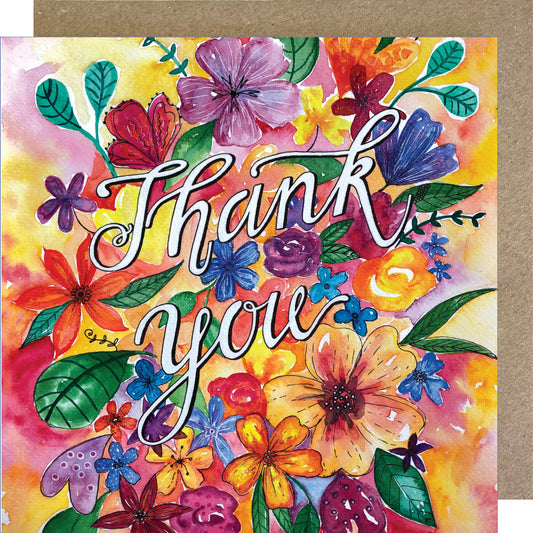 K08 Bright rainbow Florals Thank you Greetings Card