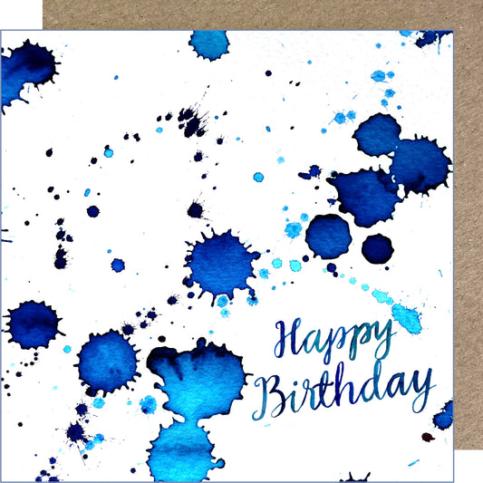 K106 Happy Birthday Blue Splats Greetings Card