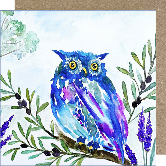 K112 Blue Owl Greetings Card
