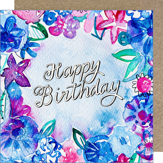 K129 Blue Blooms Happy Birthday Greetings Card