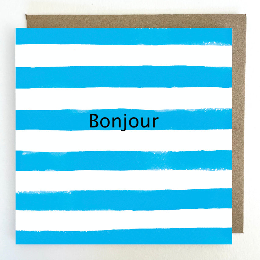 K136 'Bonjour' Blue Stripes Greetings Card
