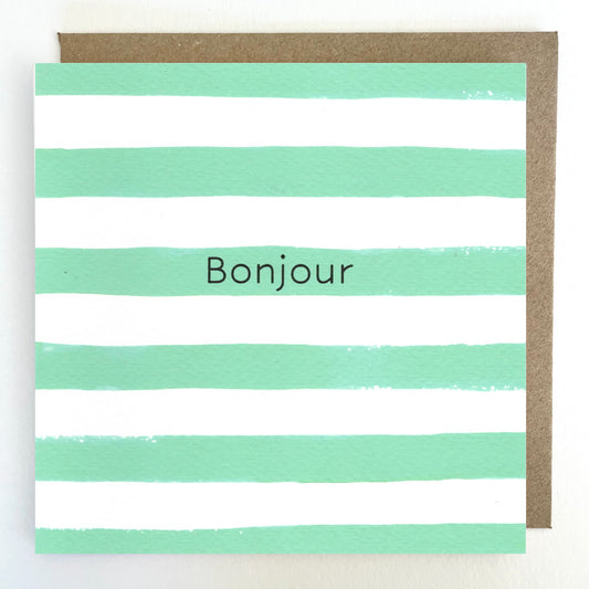 K137 'Bonjour' Green Stripes Greetings Card