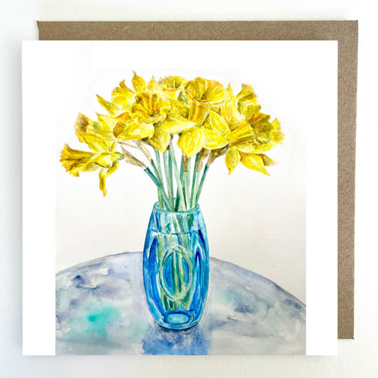 K139 Daffodils in Blue Vase watercolour Greetings Card