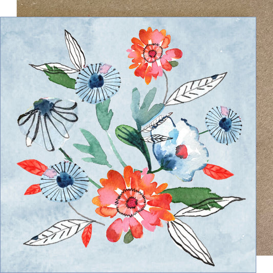 K252 Blue & Orange Blooms Greetings Card