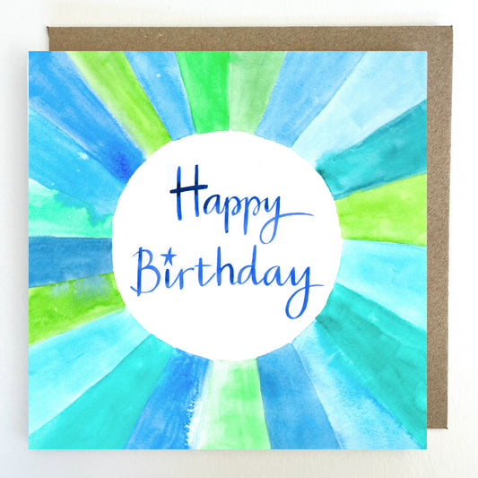 K269. Blue Rainbow Ring, Happy Birthday Greetings Card