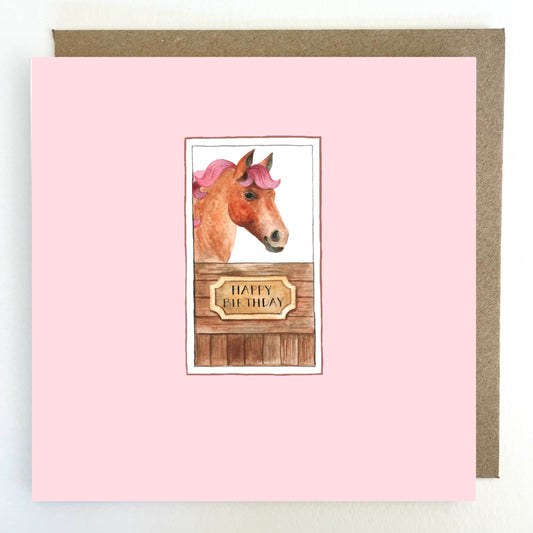 K284. Horse Happy Birthday, Pink Greetings Card