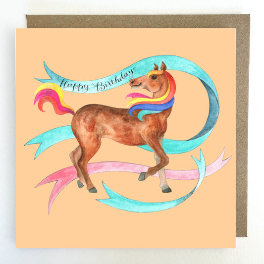 K283. Horse with Ribbons, Happy Birthday Greetings Card