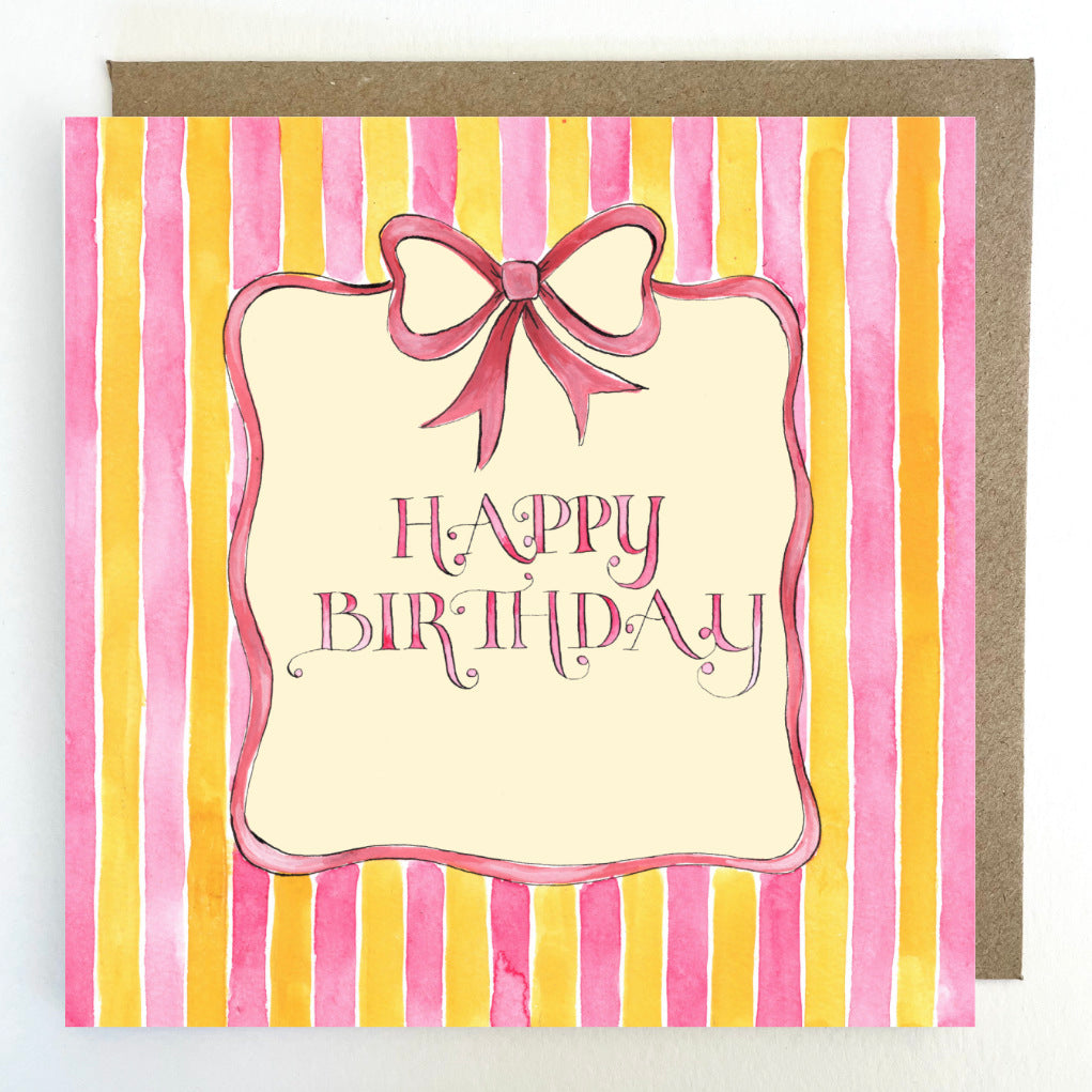 K301 Pink & Yellow Stripes Happy Birthday Greetings Card