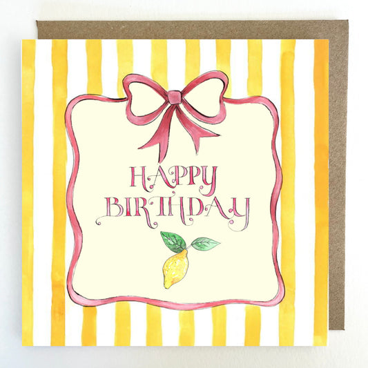 K313. Yellow Stripes, Bow & Lemon Happy Birthday Greetings Card