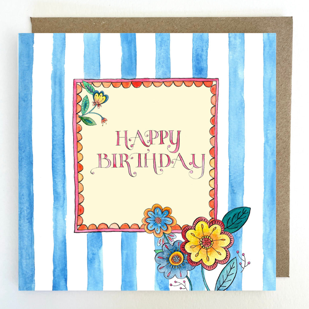 K329 Happy Birthday, blue stripes  & flowers, Greetings Card