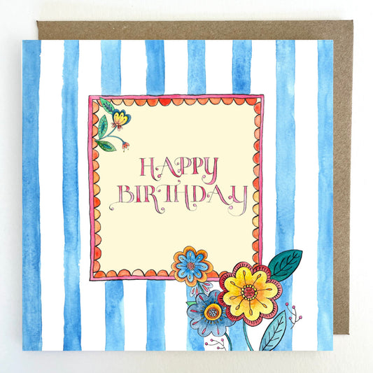 K329 Happy Birthday, blue stripes  & flowers, Greetings Card