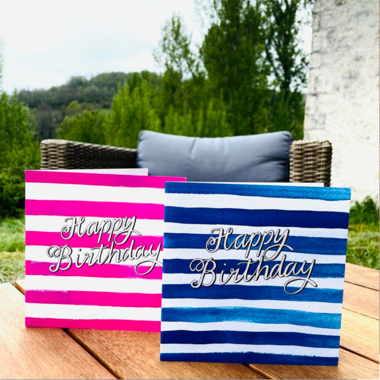K71 Happy Birthday Blue Stripes Greetings Card