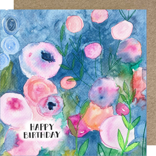 K88 Pink & Blue Blooms Happy Birthday Greetings Card