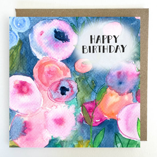 K88 Pink & Blue Blooms Happy Birthday Greetings Card